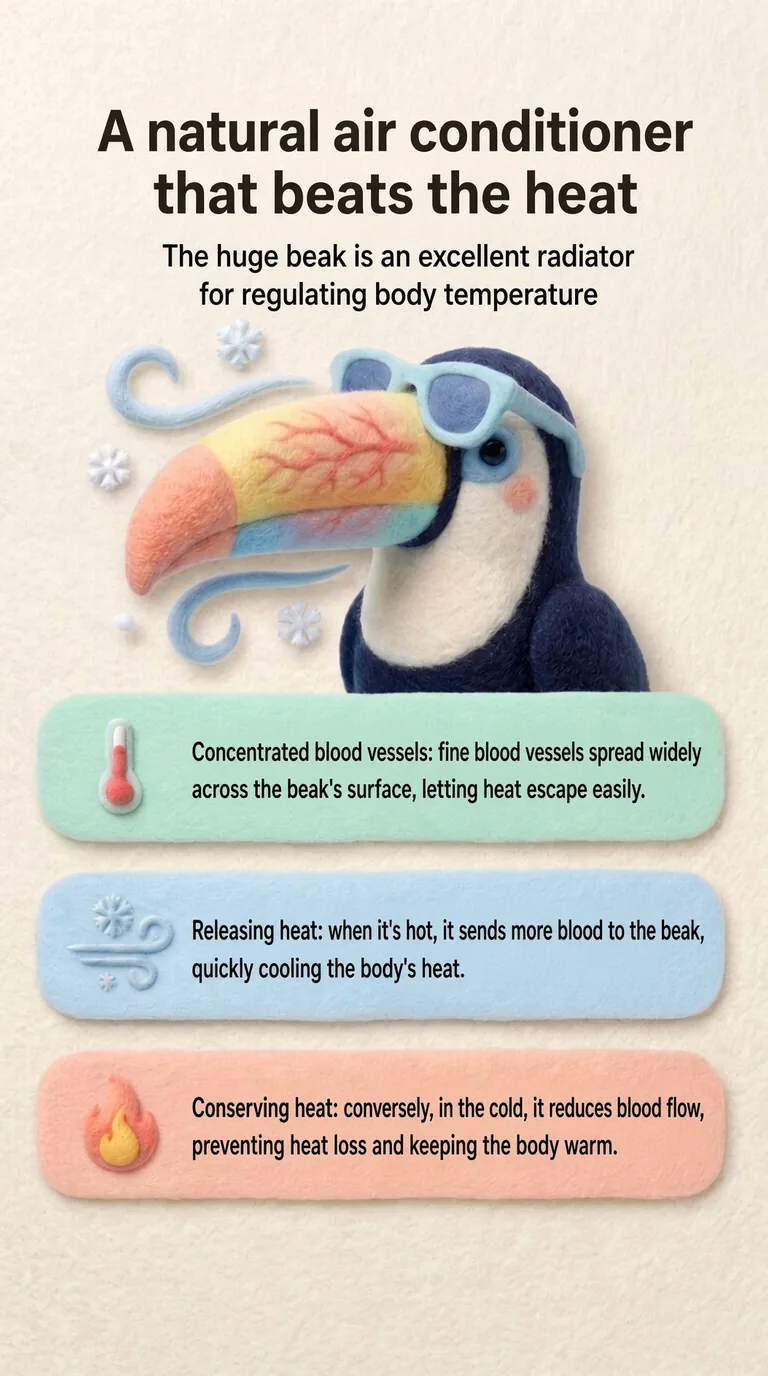 A natural air conditioner that beats the heat — The huge beak is an excellent radiator for regulating body temperature — Concentrated blood vessels / Releasing heat / Conserving heat