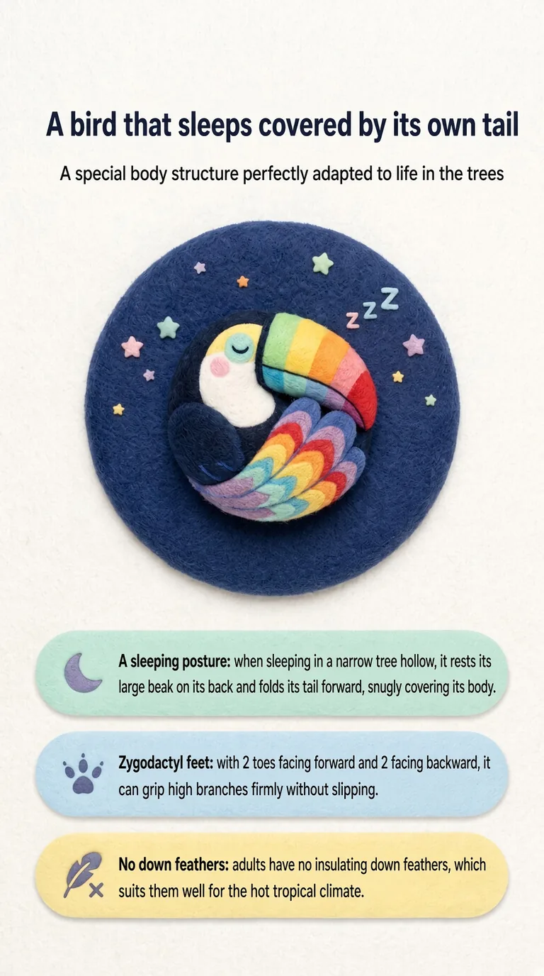 A bird that sleeps covered by its own tail — A special body structure perfectly adapted to life in the trees — A sleeping posture / Zygodactyl feet / No down feathers