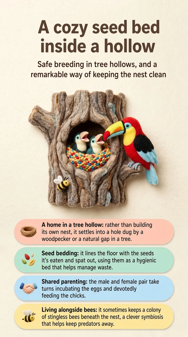 A cozy seed bed inside a hollow — Safe breeding in tree hollows, and a remarkable way of keeping the nest clean — A home in a tree hollow / Seed bedding / Shared parenting / Living alongside bees