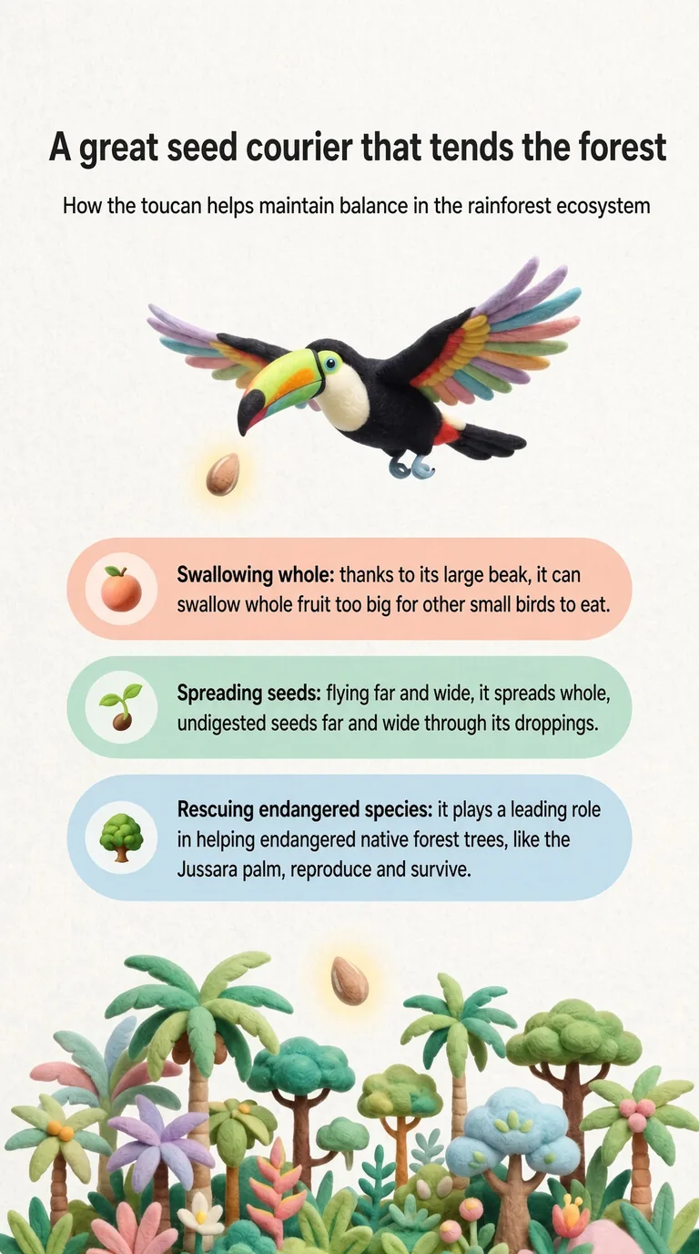 A great seed courier that tends the forest — How the toucan helps maintain balance in the rainforest ecosystem — Swallowing whole / Spreading seeds / Rescuing endangered species