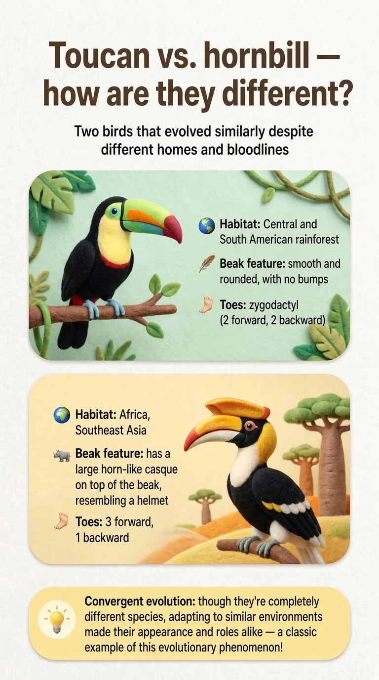 Toucan vs. hornbill — how are they different? — Two birds that evolved similarly despite different homes and bloodlines — Toucan / Hornbill