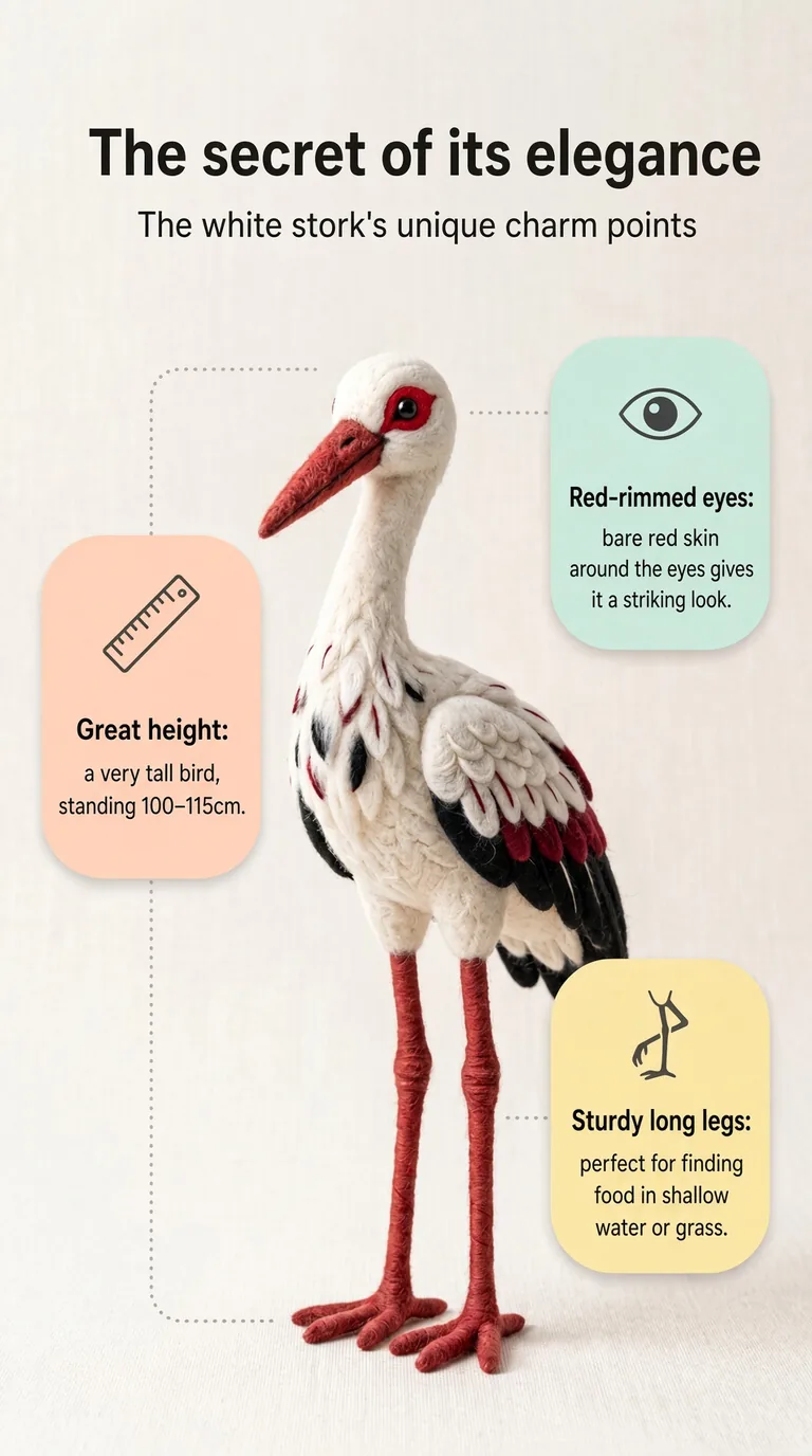 The secret of its elegance — The white stork's unique charm points — Red-rimmed eyes / Great height / Sturdy long legs