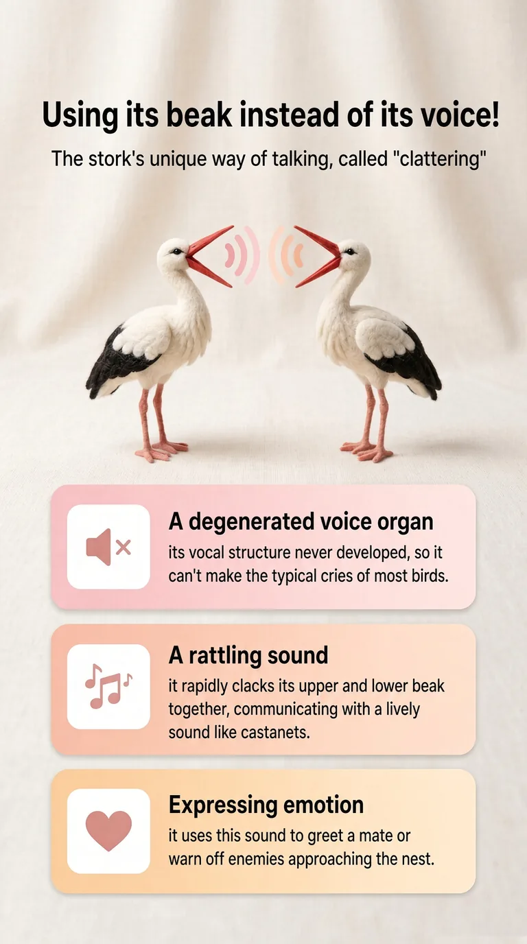 Using its beak instead of its voice! — The stork's unique way of talking, called "clattering" — A degenerated voice organ / A rattling sound / Expressing emotion