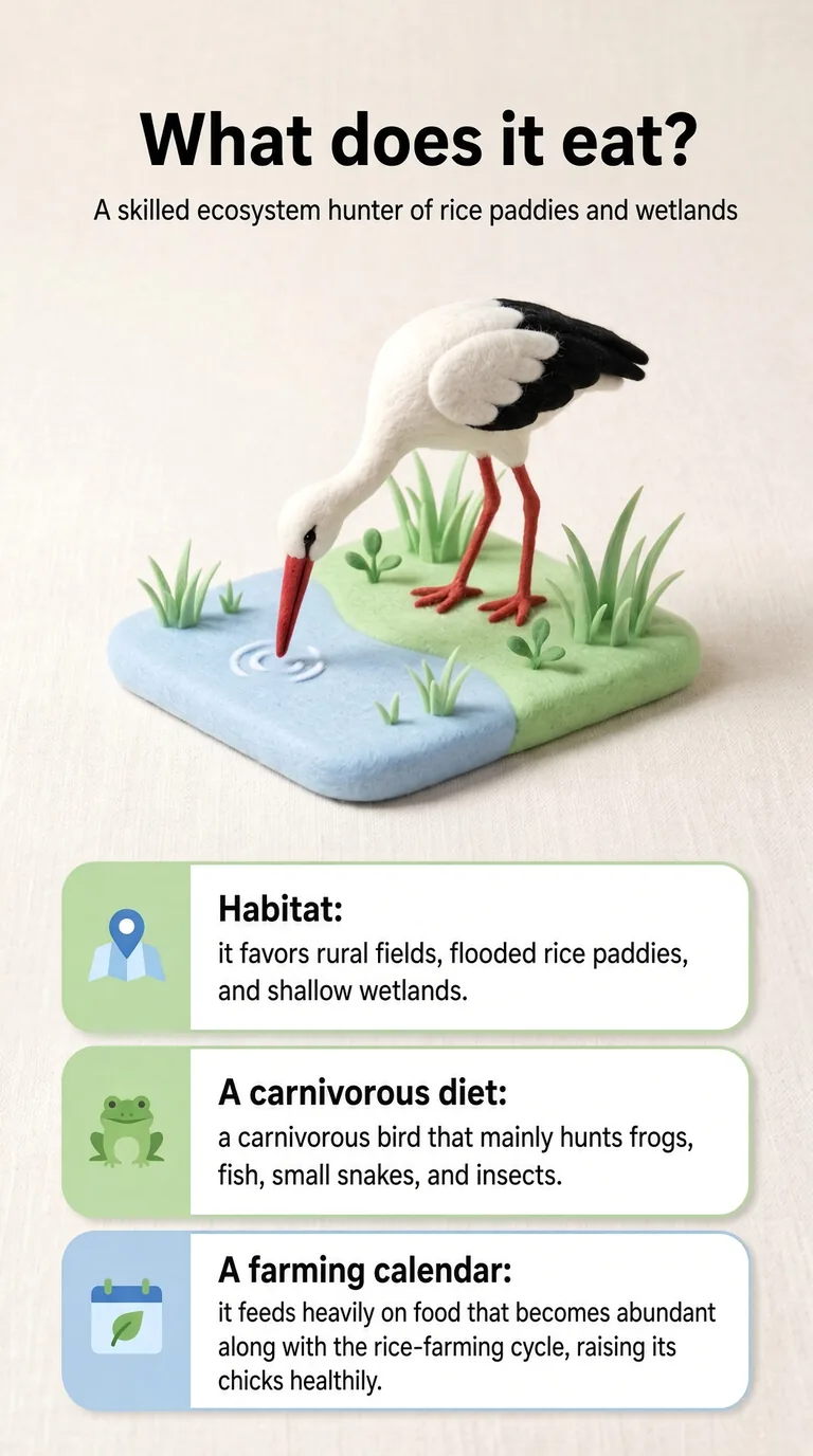 What does it eat? — A skilled ecosystem hunter of rice paddies and wetlands — Habitat / A carnivorous diet / A farming calendar