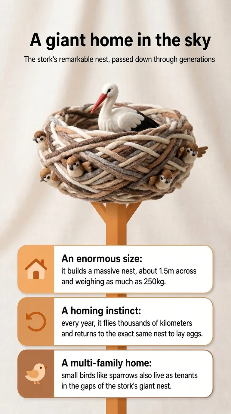 A giant home in the sky — The stork's remarkable nest, passed down through generations — An enormous size / A homing instinct / A multi-family home