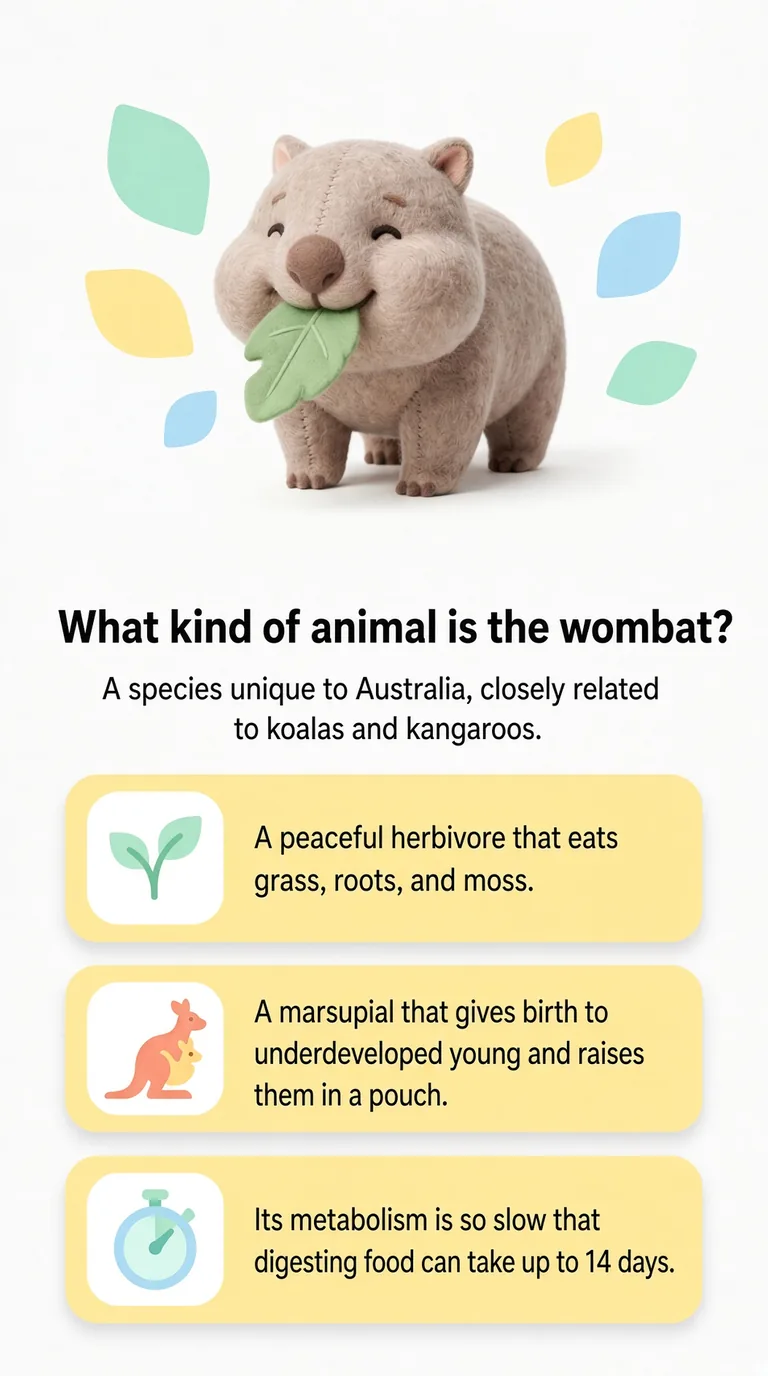 What kind of animal is the wombat? — A species unique to Australia, closely related to koalas and kangaroos.