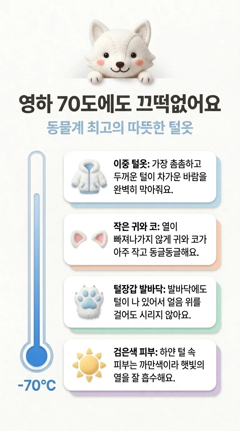 영하 70도에도 끄떡없어요 — 동물계 최고의 따뜻한 털옷 — 이중 털옷 / 작은 귀와 코 / 털장갑 발바닥 / 검은색 피부