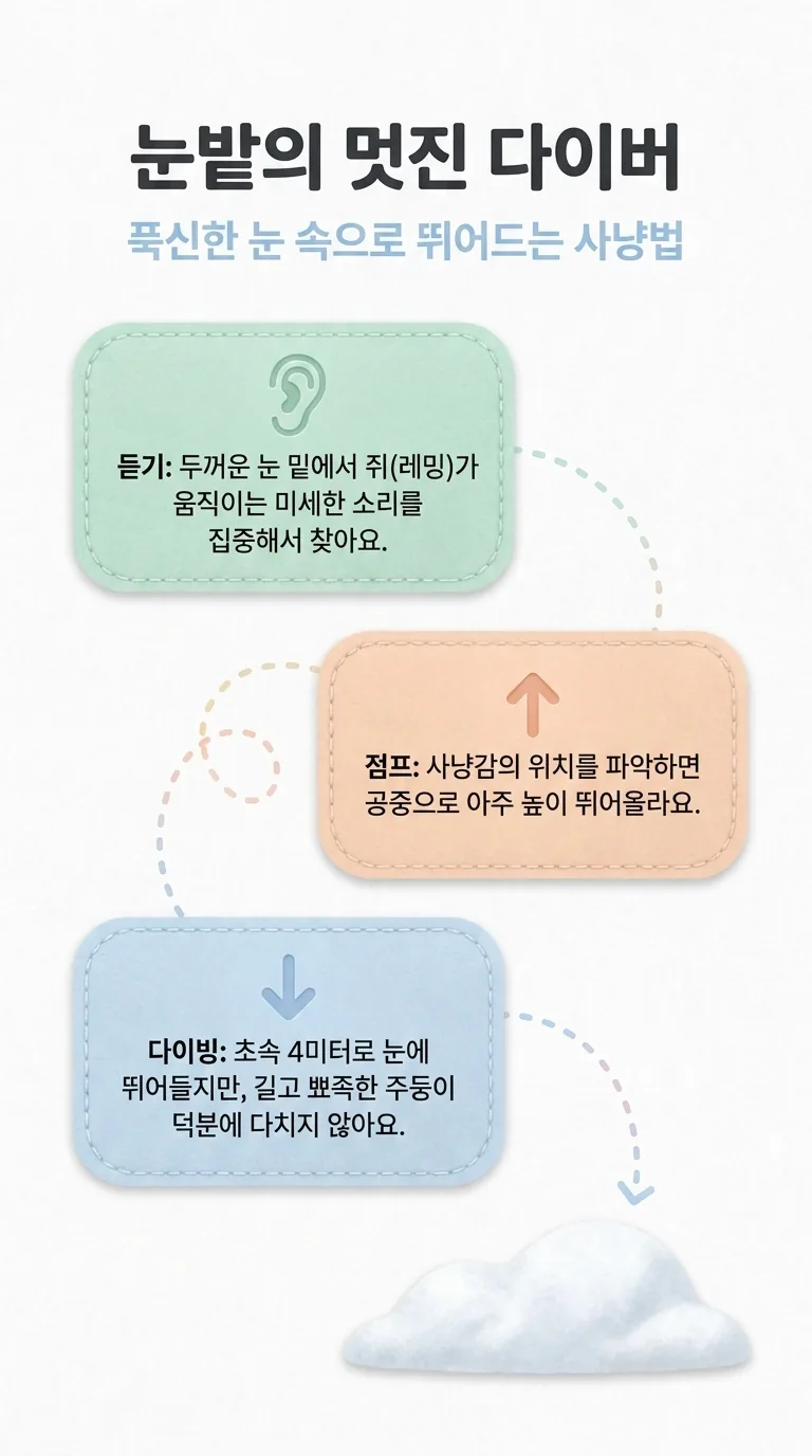 눈밭의 멋진 다이버 — 푹신한 눈 속으로 뛰어드는 사냥법 — 듣기 / 점프 / 다이빙