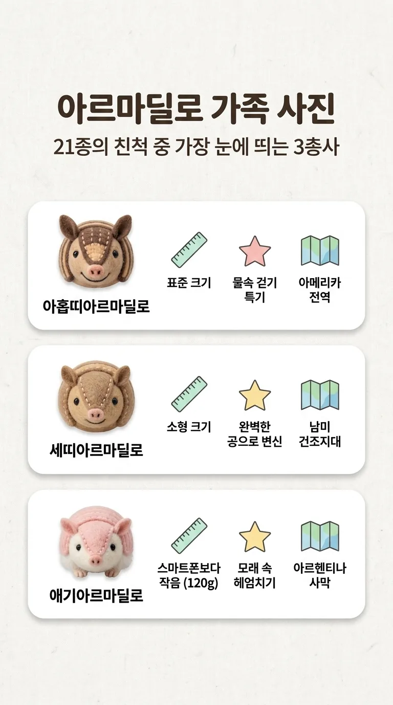 아르마딜로 가족 사진 — 21종의 친척 중 가장 눈에 띄는 3총사 — 아홉띠아르마딜로 / 세띠아르마딜로 / 애기아르마딜로