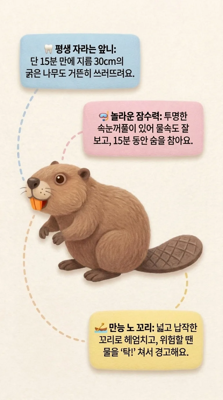 평생 자라는 앞니: 단 15분 만에 지름 30cm의 굵은 나무도 거뜬히 쓰러뜨려요. / 놀라운 잠수력: 투명한 속눈꺼풀이 있어 물속도 잘 보고, 15분 동안 숨을 참아요. / 만능 노 꼬리: 넓고 납작한 꼬리로 헤엄치고, 위험할 땐 물을 '탁!' 쳐서 경고해요.