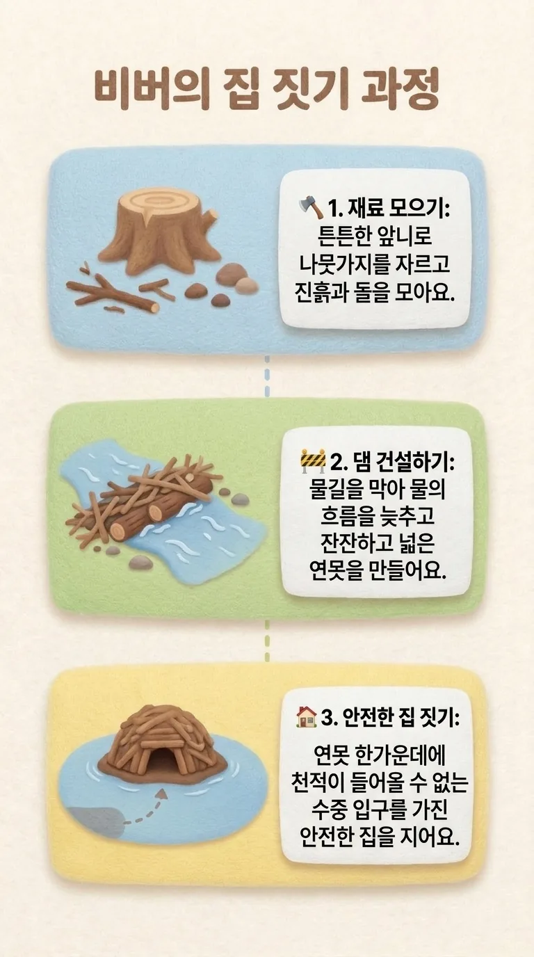 비버의 집 짓기 과정 — 재료 모으기 / 댐 건설하기 / 안전한 집 짓기