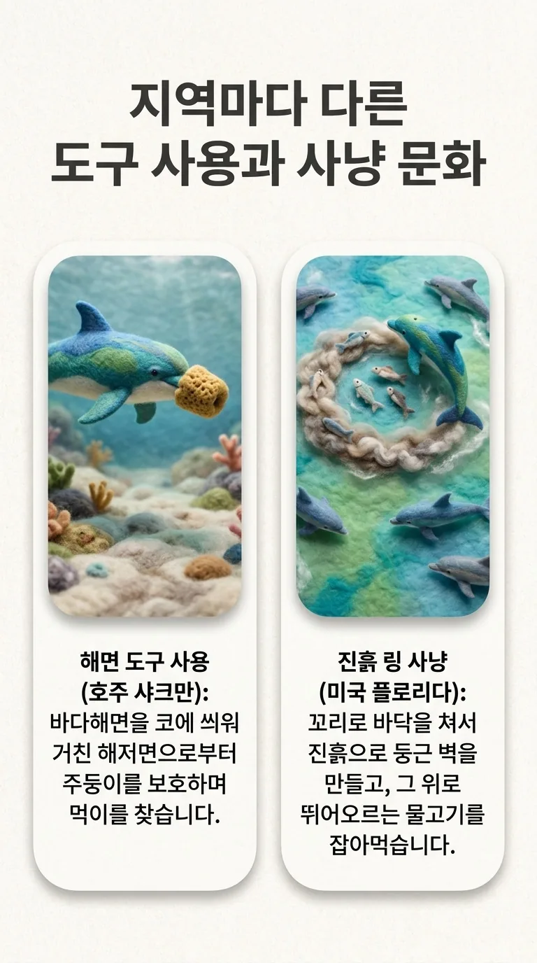 지역마다 다른 도구 사용과 사냥 문화 — 해면 도구 사용 (호주 샤크만) / 진흙 링 사냥 (미국 플로리다)