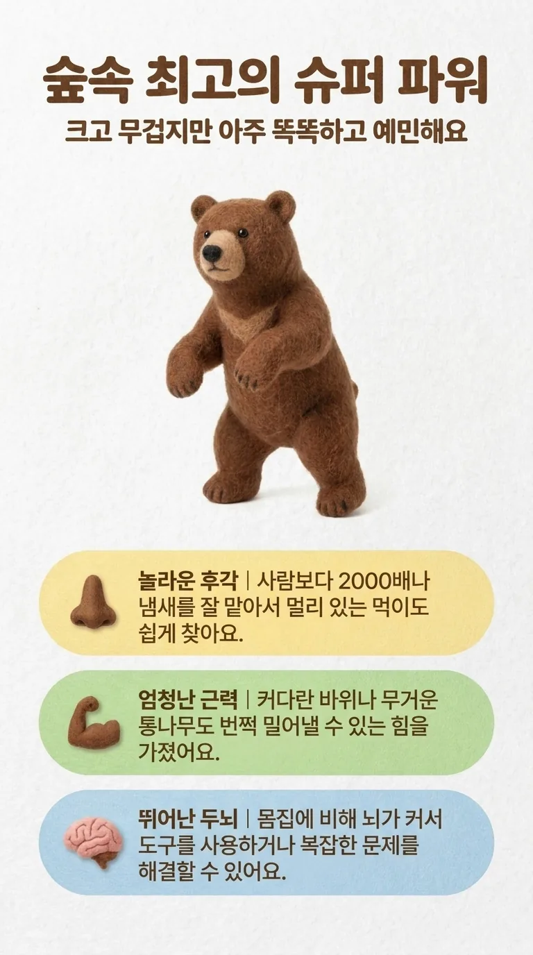 숲속 최고의 슈퍼 파워 — 크고 무겁지만 아주 똑똑하고 예민해요 — 놀라운 후각 / 엄청난 근력 / 뛰어난 두뇌