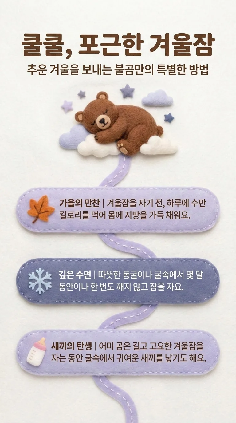 쿨쿨, 포근한 겨울잠 — 추운 겨울을 보내는 불곰만의 특별한 방법 — 가을의 만찬 / 깊은 수면 / 새끼의 탄생
