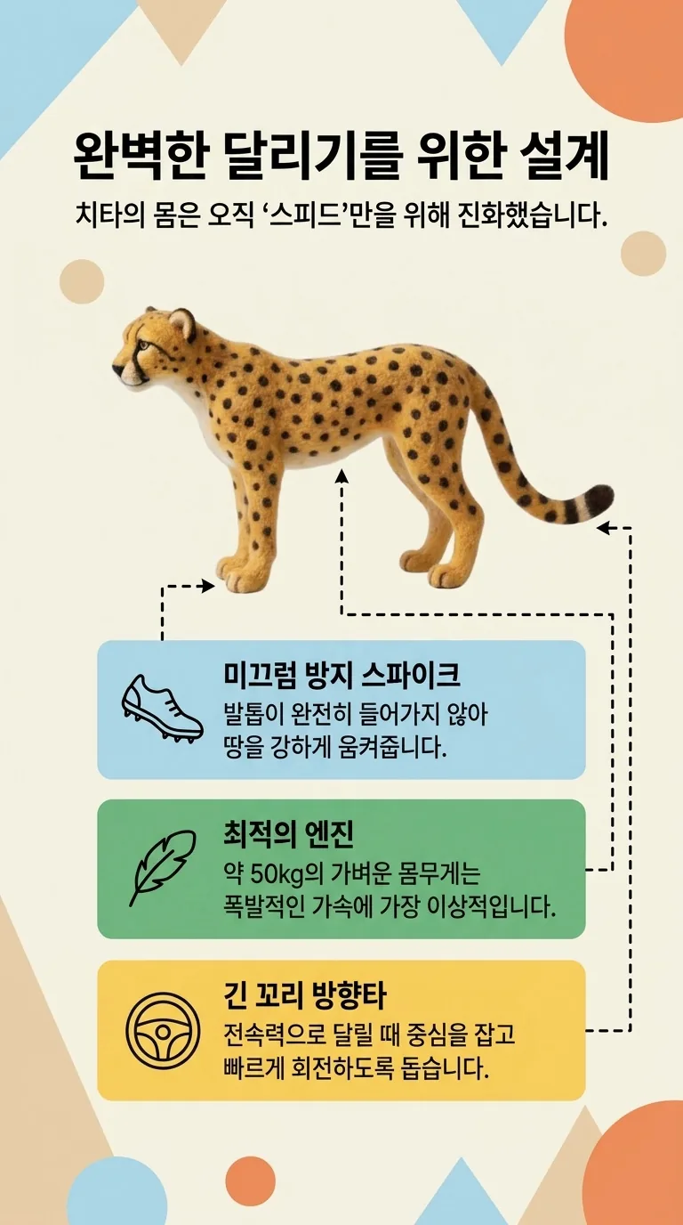 완벽한 달리기를 위한 설계 — 치타의 몸은 오직 '스피드'만을 위해 진화했습니다. — 미끄럼 방지 스파이크 / 최적의 엔진 / 긴 꼬리 방향타
