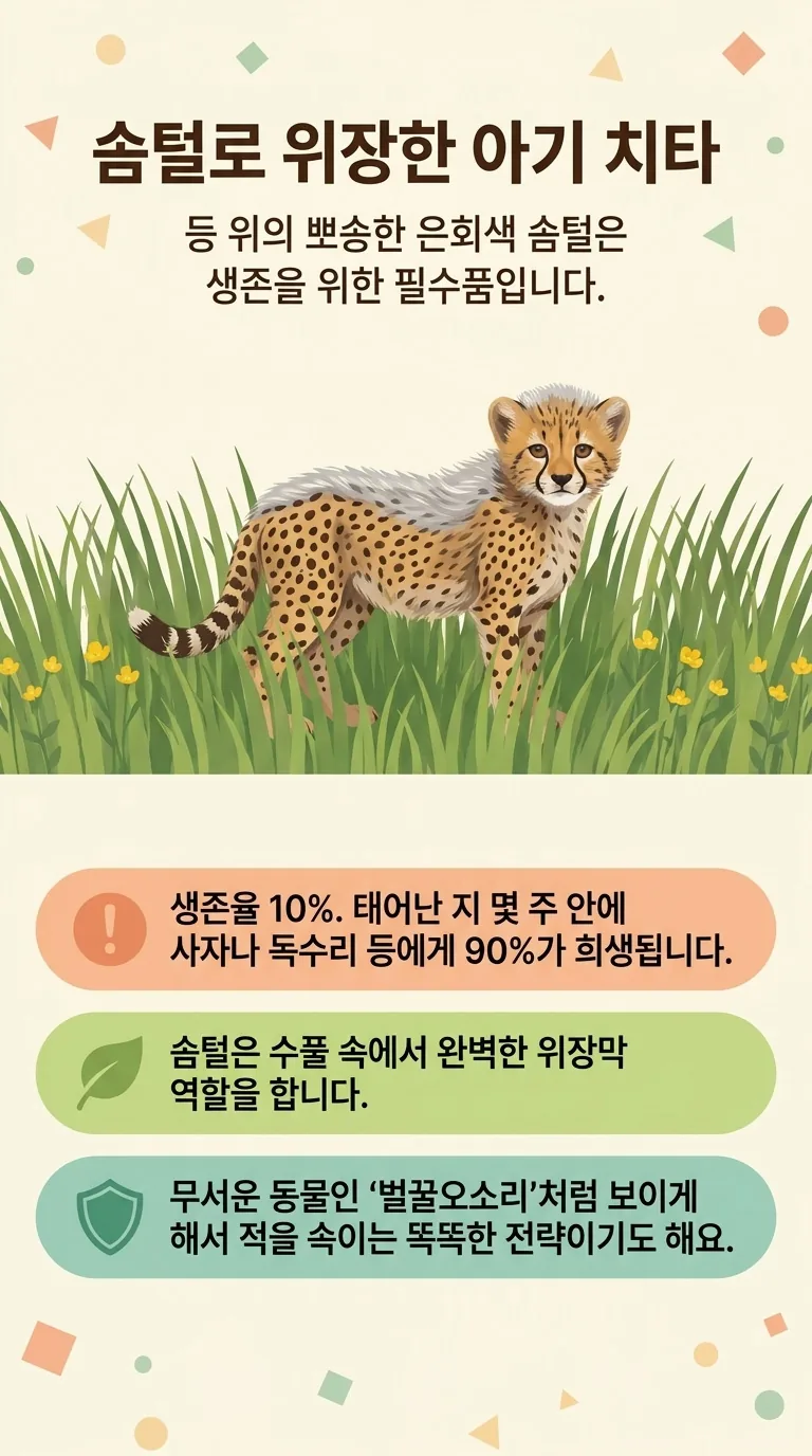 솜털로 위장한 아기 치타 — 등 위의 뽀송한 은회색 솜털은 생존을 위한 필수품입니다.