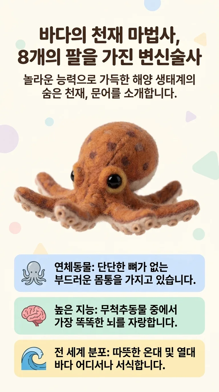 바다의 천재 마법사, 8개의 팔을 가진 변신술사 — 놀라운 능력으로 가득한 해양 생태계의 숨은 천재, 문어를 소개합니다. — 연체동물 / 높은 지능 / 전 세계 분포