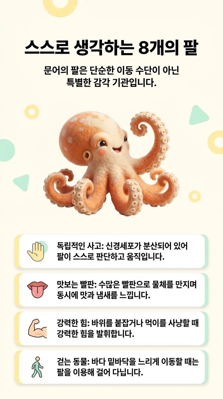 스스로 생각하는 8개의 팔 — 문어의 팔은 단순한 이동 수단이 아닌 특별한 감각 기관입니다. — 독립적인 사고 / 맛보는 빨판 / 강력한 힘 / 걷는 동물
