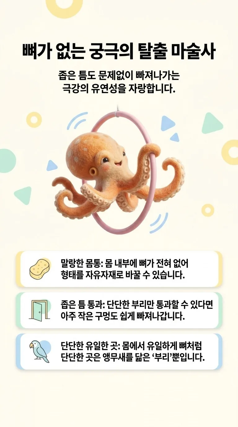 뼈가 없는 궁극의 탈출 마술사 — 좁은 틈도 문제없이 빠져나가는 극강의 유연성을 자랑합니다. — 말랑한 몸통