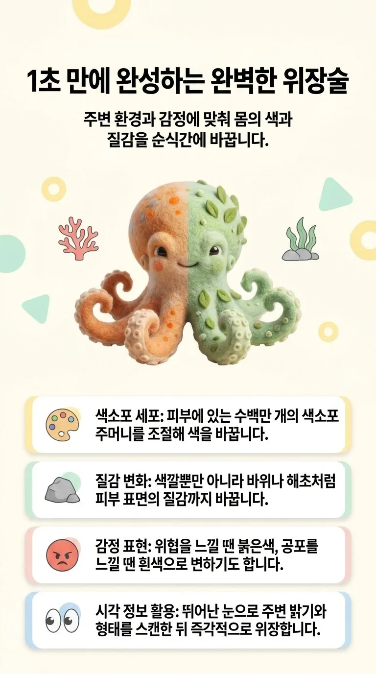 1초 만에 완성하는 완벽한 위장술 — 주변 환경과 감정에 맞춰 몸의 색과 질감을 순식간에 바꿉니다. — 색소포 세포