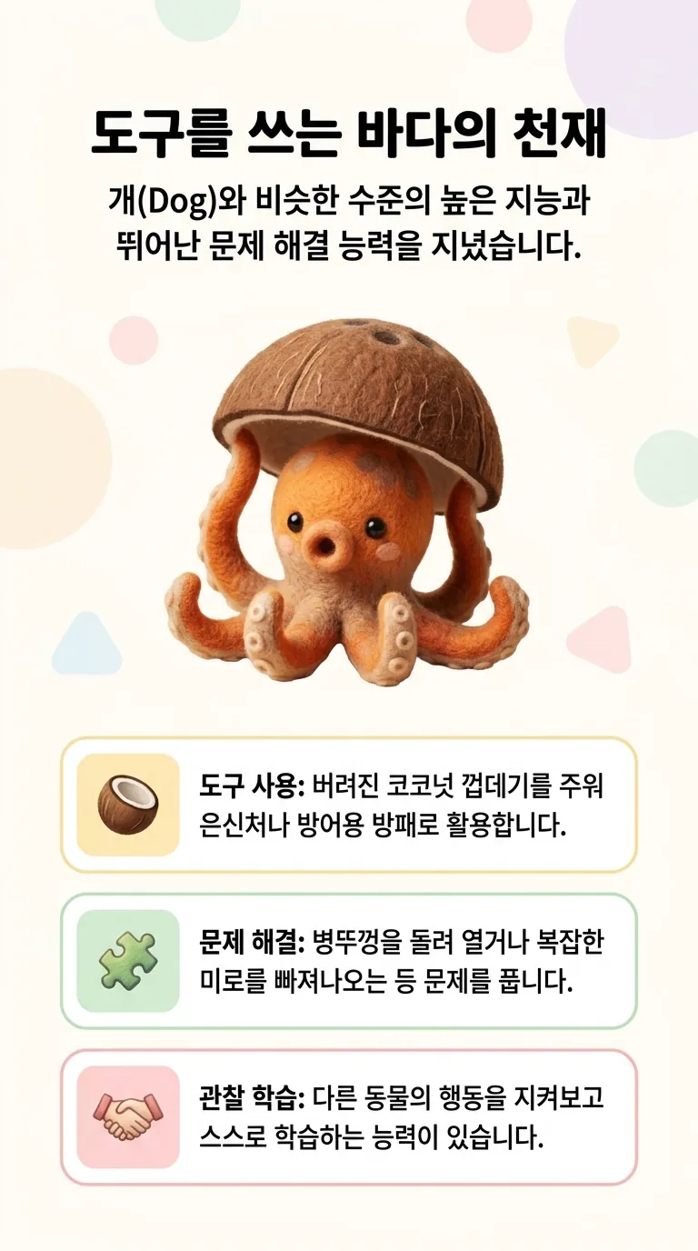도구를 쓰는 바다의 천재 — 개(Dog)와 비슷한 수준의 높은 지능과 뛰어난 문제 해결 능력을 지녔습니다. — 도구 사용 / 문제 해결 / 관찰 학습