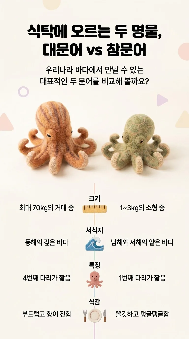 식탁에 오르는 두 명물, 대문어 vs 참문어 — 우리나라 바다에서 만날 수 있는 대표적인 두 문어를 비교해 볼까요? — 대문어 / 참문어