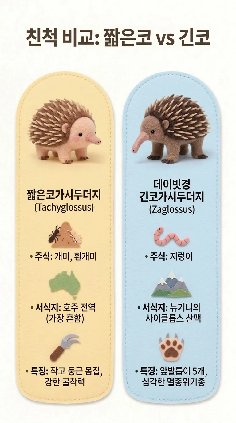 친척 비교: 짧은코 vs 긴코 — 짧은코가시두더지 (Tachyglossus) / 데이빗경 긴코가시두더지 (Zaglossus)