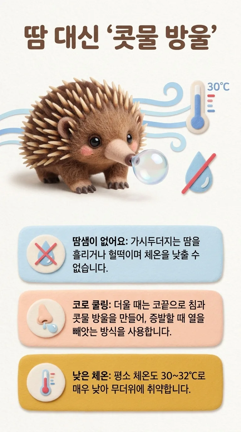 땀 대신 '콧물 방울' — 땀샘이 없어요 / 코로 쿨링 / 낮은 체온