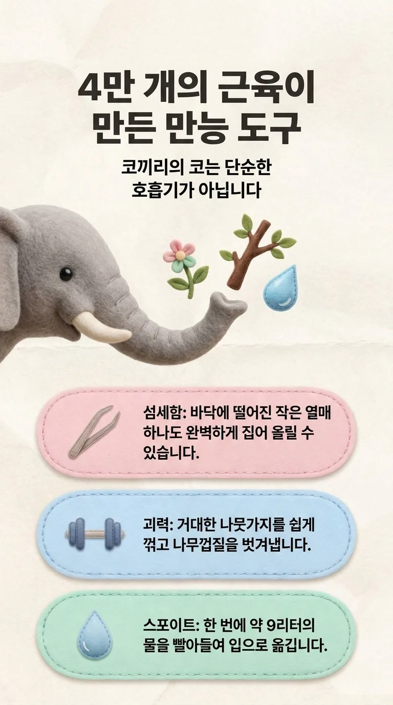 4만 개의 근육이 만든 만능 도구 — 코끼리의 코는 단순한 호흡기가 아닙니다 — 섬세함 / 괴력 / 스포이트
