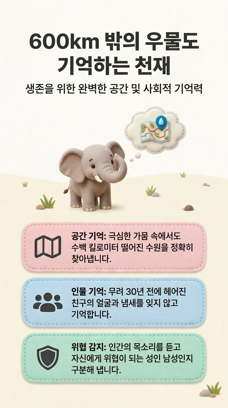 600km 밖의 우물도 기억하는 천재 — 생존을 위한 완벽한 공간 및 사회적 기억력 — 공간 기억 / 인물 기억 / 위협 감지