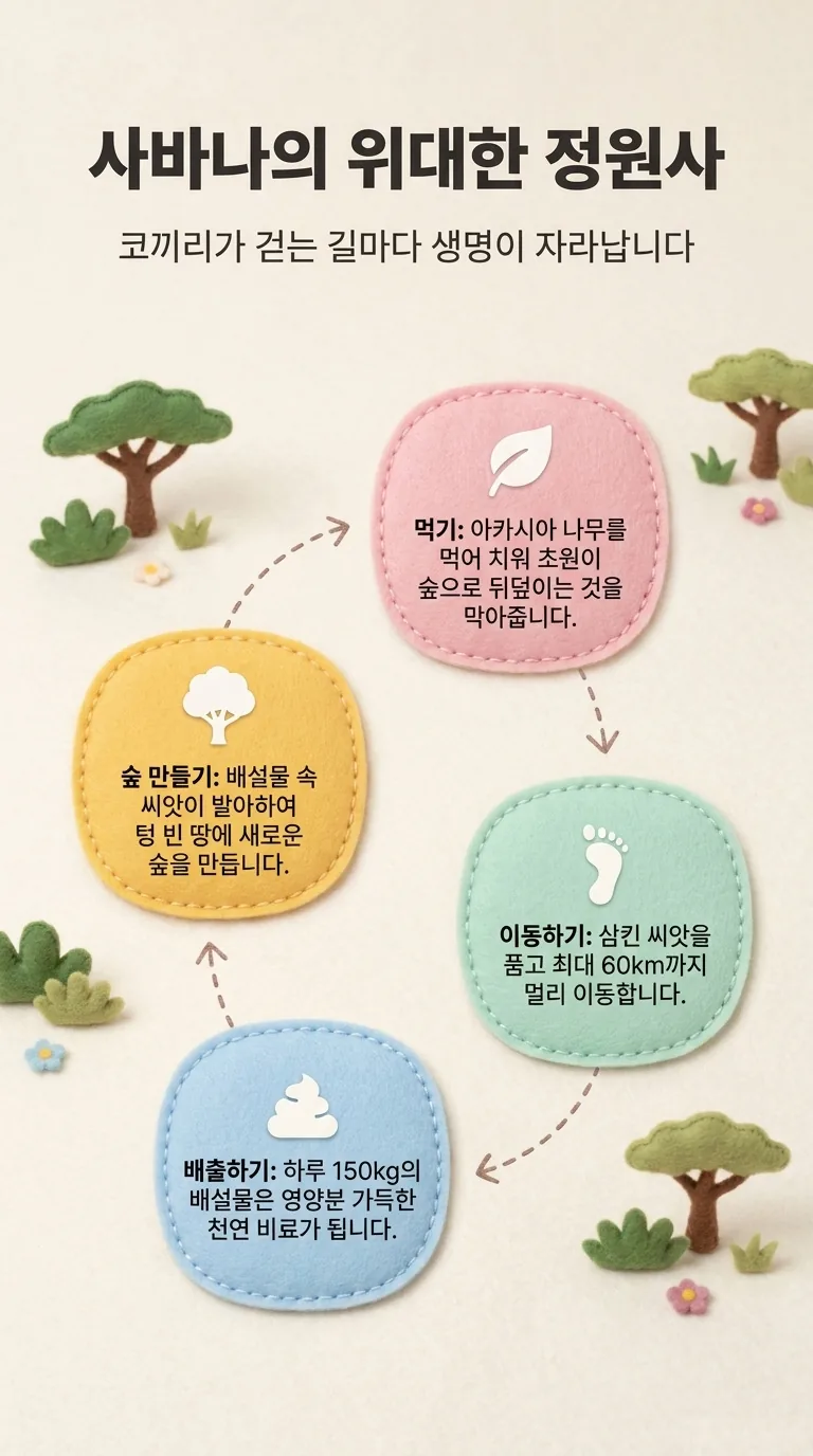 사바나의 위대한 정원사 — 코끼리가 걷는 길마다 생명이 자라납니다 — 먹기 / 이동하기 / 배출하기 / 숲 만들기