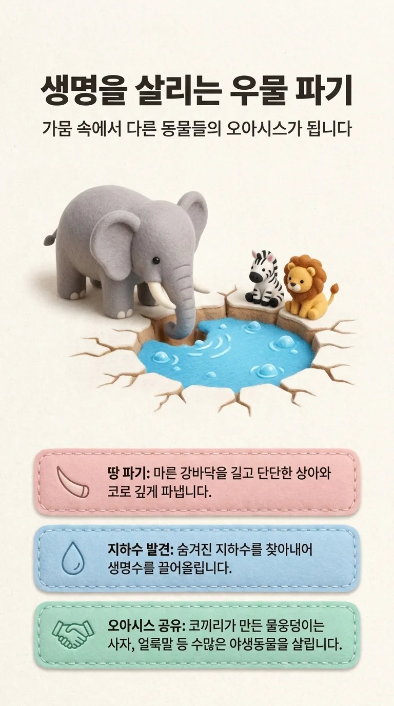 생명을 살리는 우물 파기 — 가뭄 속에서 다른 동물들의 오아시스가 됩니다 — 땅 파기 / 지하수 발견 / 오아시스 공유