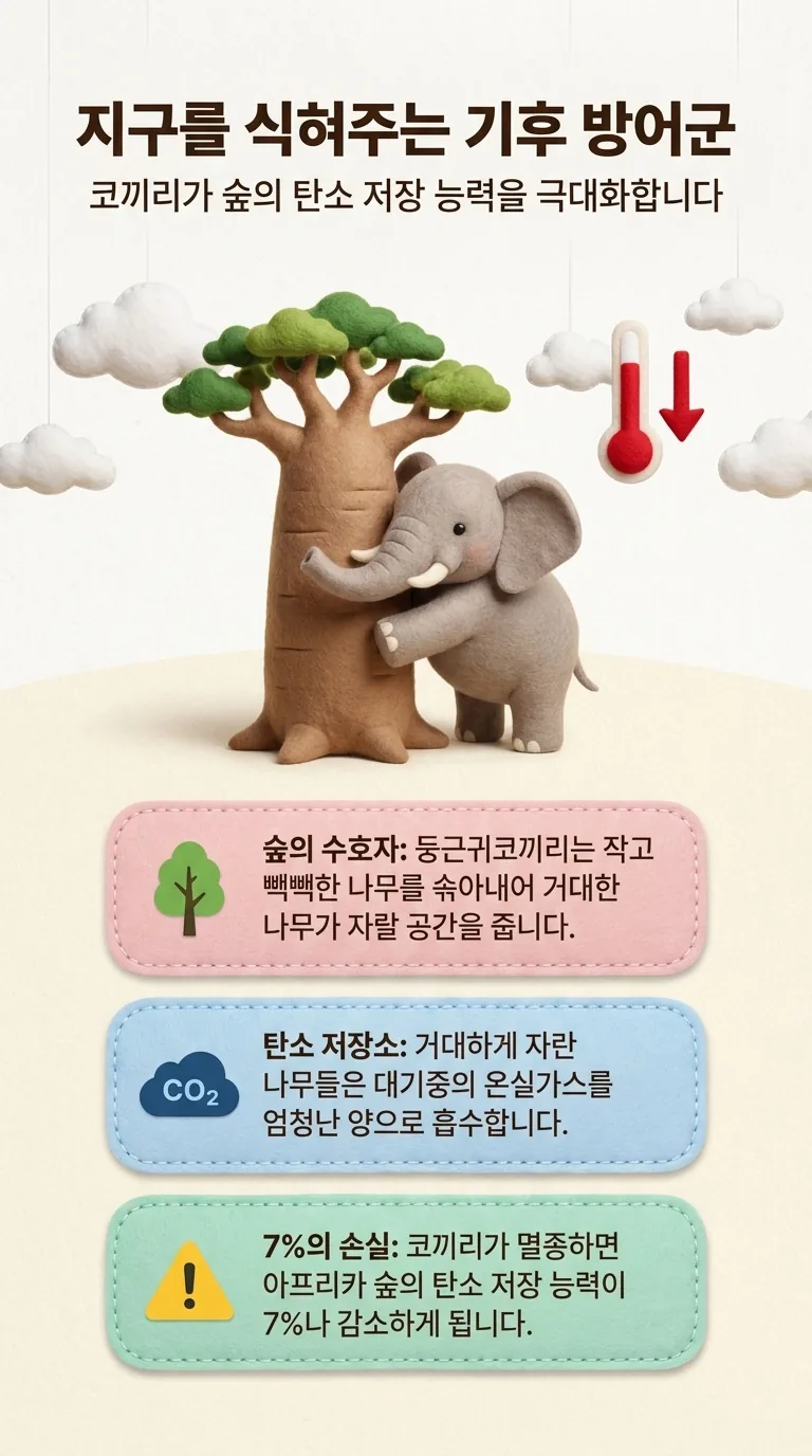 지구를 식혀주는 기후 방어군 — 코끼리가 숲의 탄소 저장 능력을 극대화합니다 — 숲의 수호자 / 탄소 저장소 / 7%의 손실