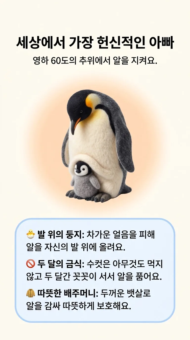 세상에서 가장 헌신적인 아빠 — 영하 60도의 추위에서 알을 지켜요. — 발 위의 둥지 / 두 달의 금식 / 따뜻한 배주머니