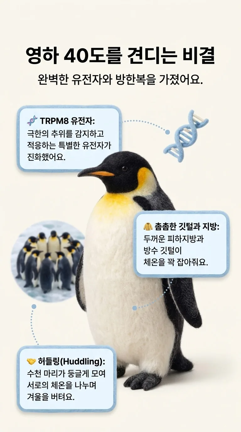 영하 40도를 견디는 비결 — 완벽한 유전자와 방한복을 가졌어요. — TRPM8 유전자 / 촘촘한 깃털과 지방 / 허들링(Huddling)