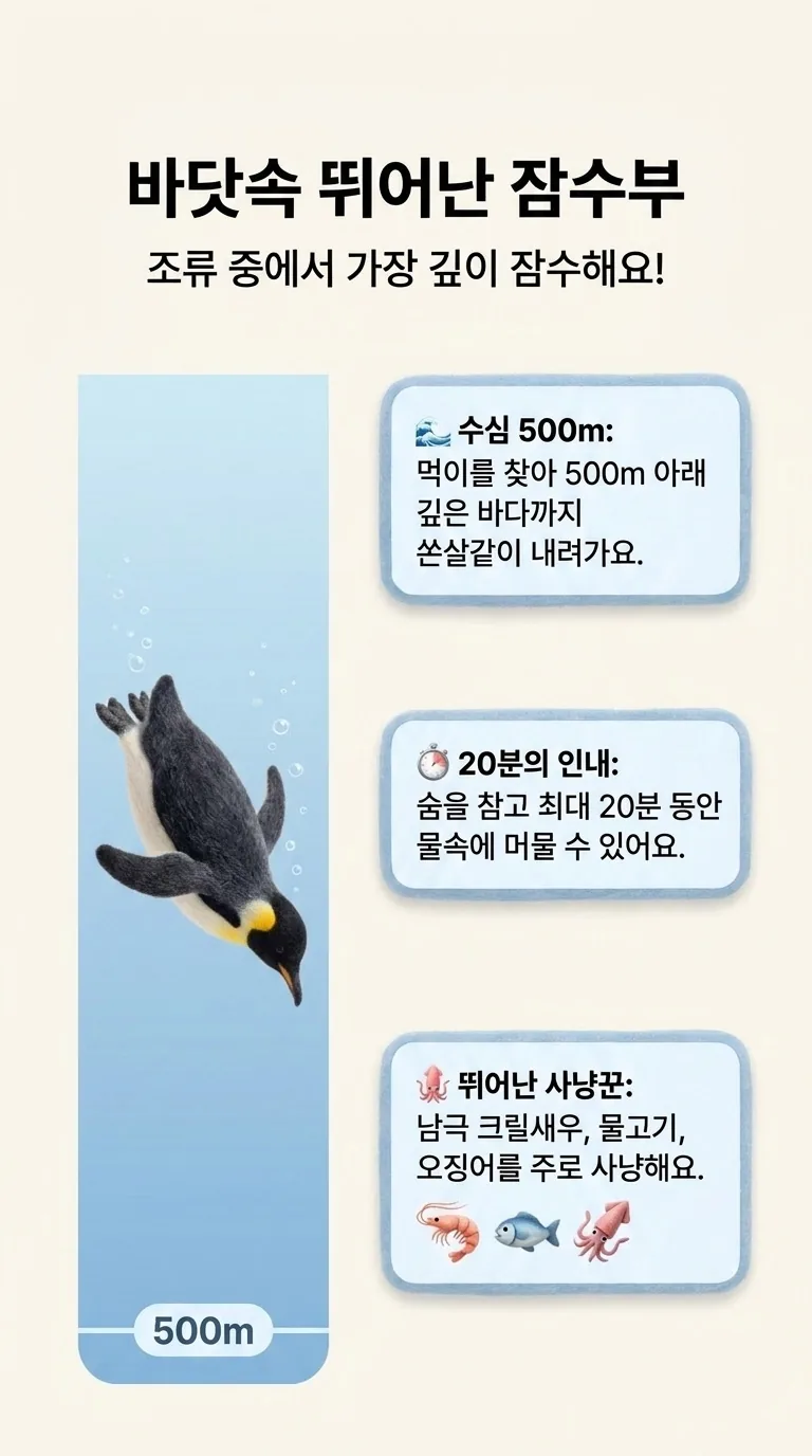 바닷속 뛰어난 잠수부 — 조류 중에서 가장 깊이 잠수해요! — 수심 500m / 20분의 인내 / 뛰어난 사냥꾼