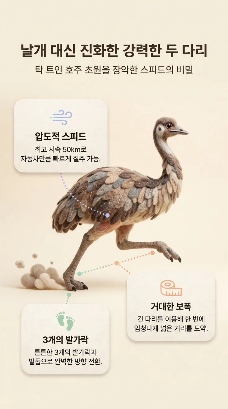 날개 대신 진화한 강력한 두 다리 — 탁 트인 호주 초원을 장악한 스피드의 비밀 — 압도적 스피드 / 거대한 보폭 / 3개의 발가락