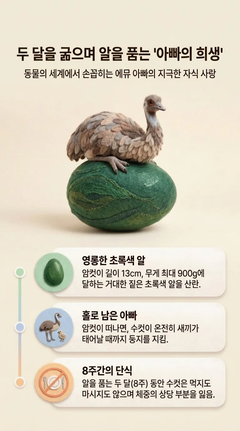 두 달을 굶으며 알을 품는 '아빠의 희생' — 동물의 세계에서 손꼽히는 에뮤 아빠의 지극한 자식 사랑 — 영롱한 초록색 / 홀로 남은 아빠 / 8주간의 단식