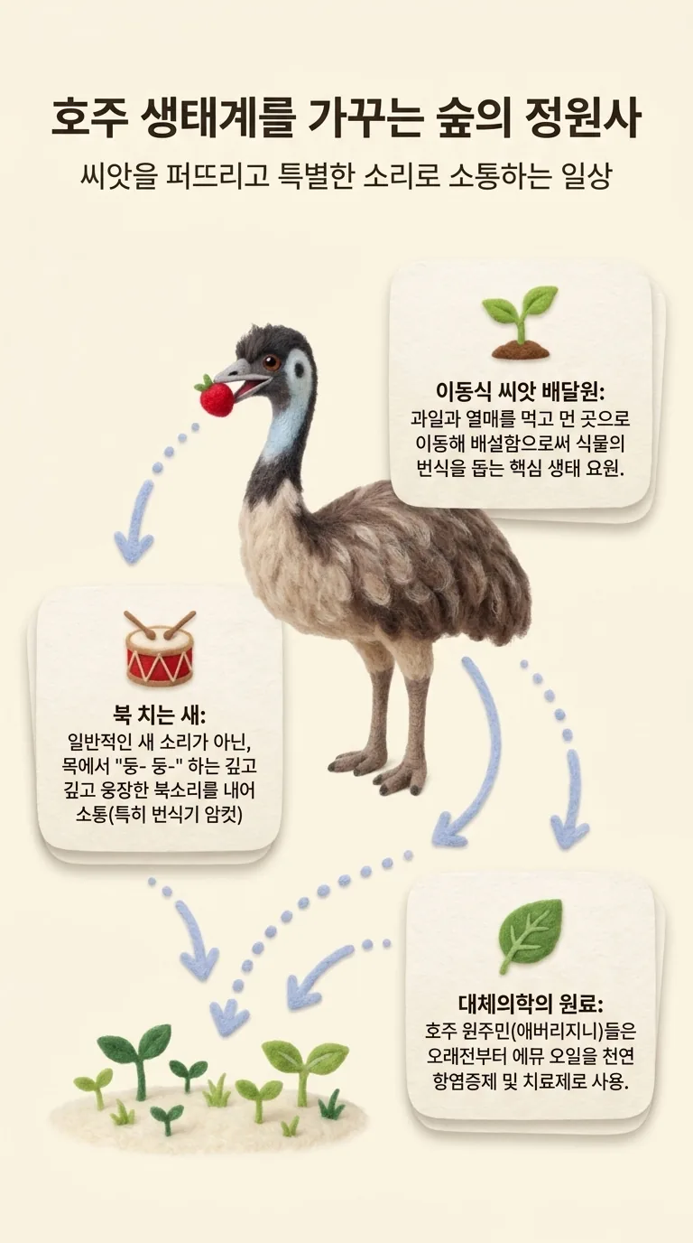 호주 생태계를 가꾸는 숲의 정원사 — 씨앗을 퍼뜨리고 특별한 소리로 소통하는 일상 — 이동식 씨앗 배달원 / 북 치는 새 / 대체의학의 원료