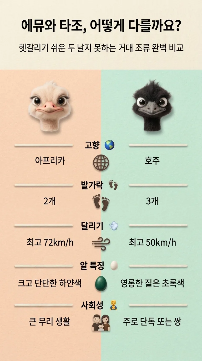 에뮤와 타조, 어떻게 다를까요? — 헷갈리기 쉬운 두 날지 못하는 거대 조류 완벽 비교 — 타조 / 에뮤