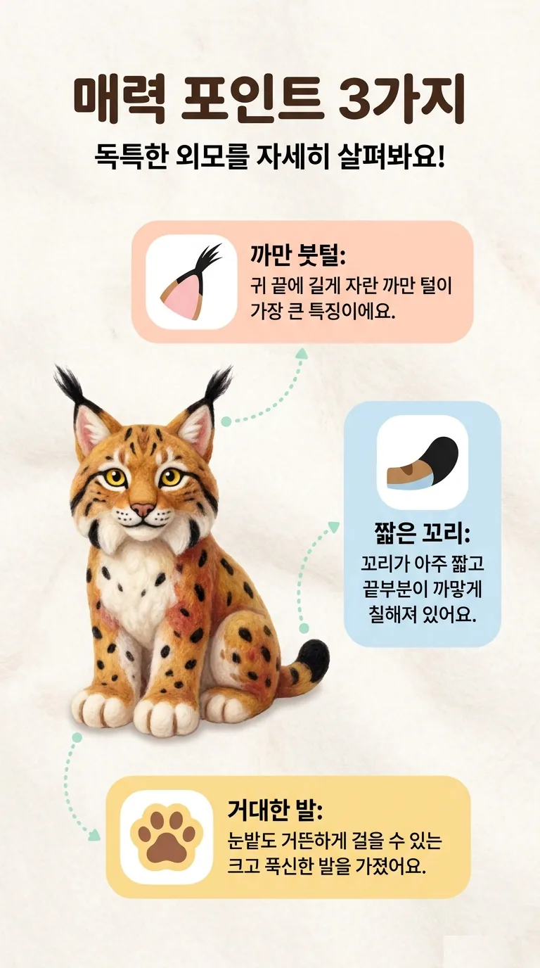 매력 포인트 3가지 — 독특한 외모를 자세히 살펴봐요! — 까만 붓털 / 짧은 꼬리 / 거대한 발