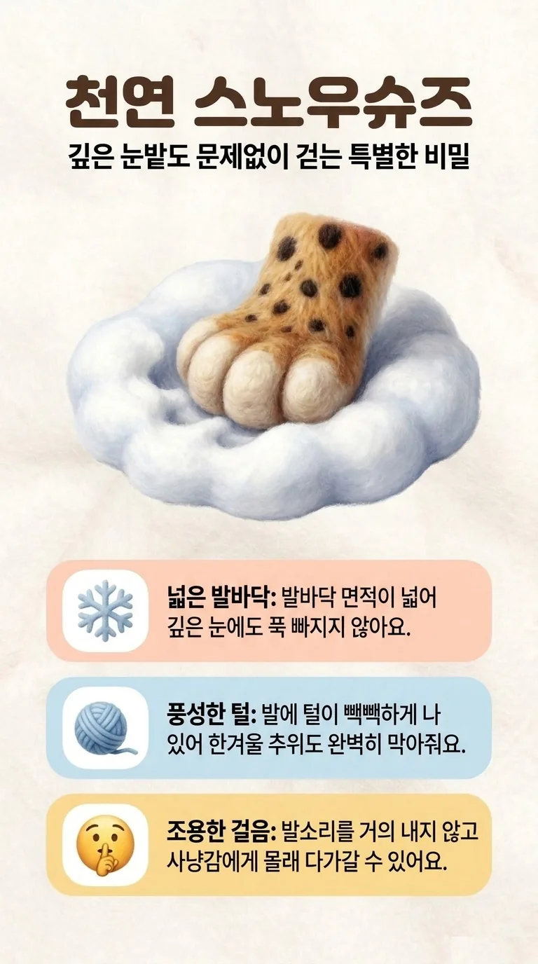 천연 스노우슈즈 — 깊은 눈밭도 문제없이 걷는 특별한 비밀 — 넓은 발바닥 / 풍성한 털 / 조용한 걸음