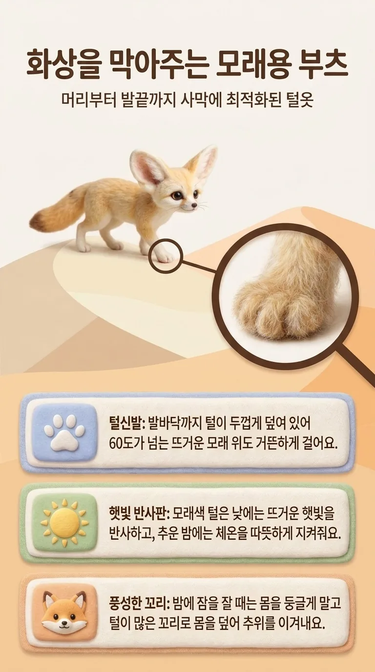 화상을 막아주는 모래용 부츠 — 머리부터 발끝까지 사막에 최적화된 털옷 — 털신발 / 햇빛 반사판 / 풍성한 꼬리