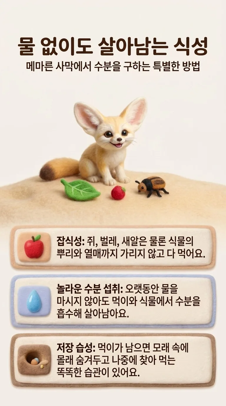 물 없이도 살아남는 식성 — 메마른 사막에서 수분을 구하는 특별한 방법 — 잡식성 / 놀라운 수분 섭취 / 저장 습성