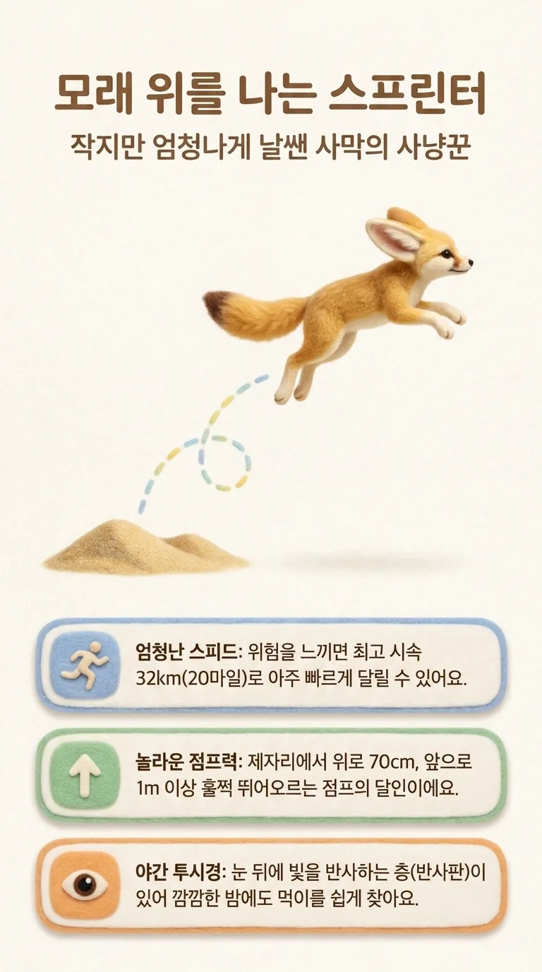 모래 위를 나는 스프린터 — 작지만 엄청나게 날쌘 사막의 사냥꾼 — 엄청난 스피드 / 놀라운 점프력 / 야간 투시경