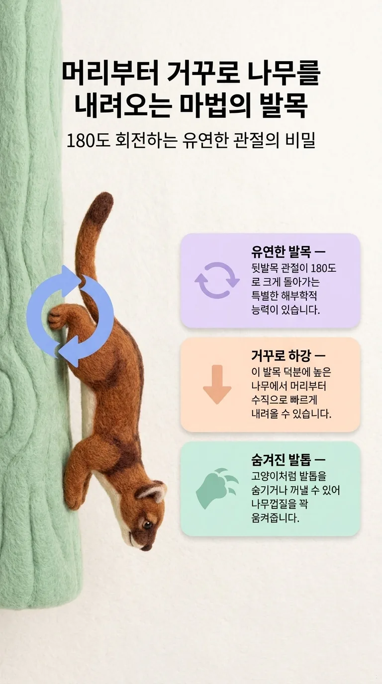 머리부터 거꾸로 나무를 내려오는 마법의 발목 — 180도 회전하는 유연한 관절의 비밀 — 유연한 발목 / 거꾸로 하강 / 숨겨진 발톱