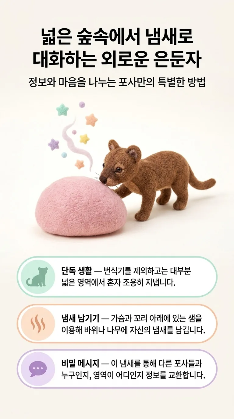 넓은 숲속에서 냄새로 대화하는 외로운 은둔자 — 정보와 마음을 나누는 포사만의 특별한 방법 — 단독 생활 / 냄새 남기기 / 비밀 메시지