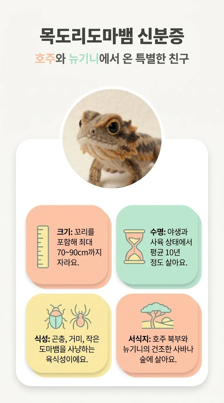 목도리도마뱀 신분증 — 호주와 뉴기니에서 온 특별한 친구 — 크기 / 수명 / 식성 / 서식지