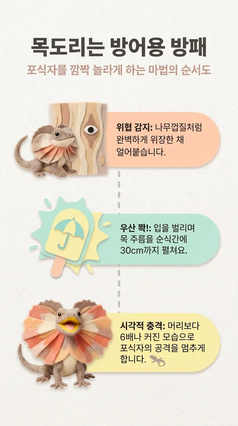 목도리는 방어용 방패 — 포식자를 깜짝 놀라게 하는 마법의 순서도 — 위협 감지 / 우산 쫙! / 시각적 충격