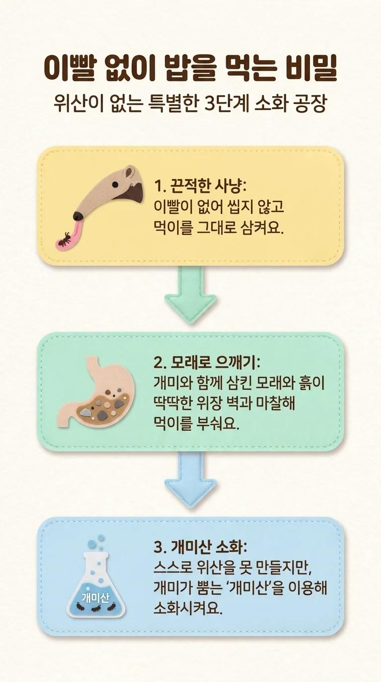 이빨 없이 밥을 먹는 비밀 — 위산이 없는 특별한 3단계 소화 공장 — 끈적한 사냥 / 모래로 으깨기 / 개미산 소화